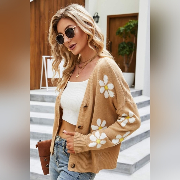 Retro Knit Daisy Flower Classic Button Front Long Sleeve Cardigan Fun 70s Floral - Picture 7 of 11